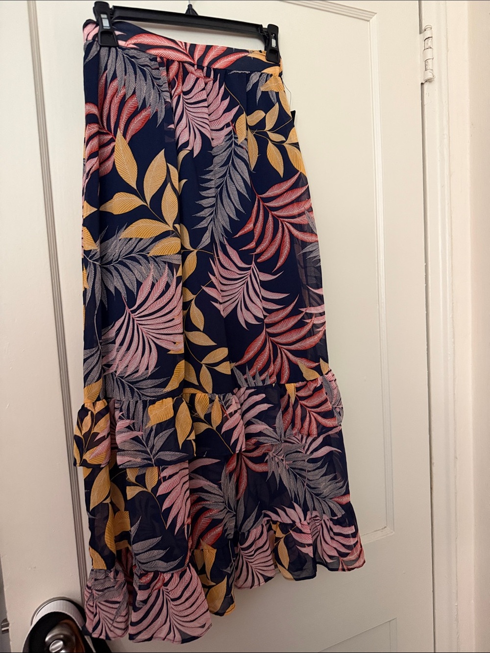 NWT Cure Navy Tropical Print Tiered Maxi Skirt -Leaf Pattern size M